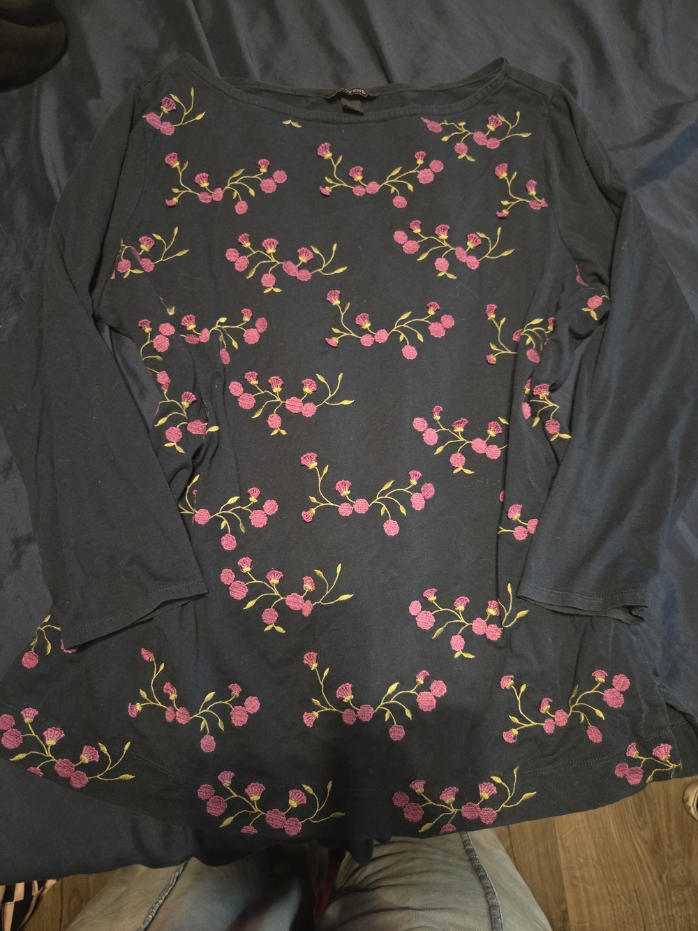 Lands' End Navy Tunic with Pink & Yellow Floral Embroidery